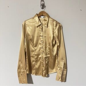 Ruby Karat Gold Satin Button Up Blouse Size Medium, Long Sleeve Metallic Shirt